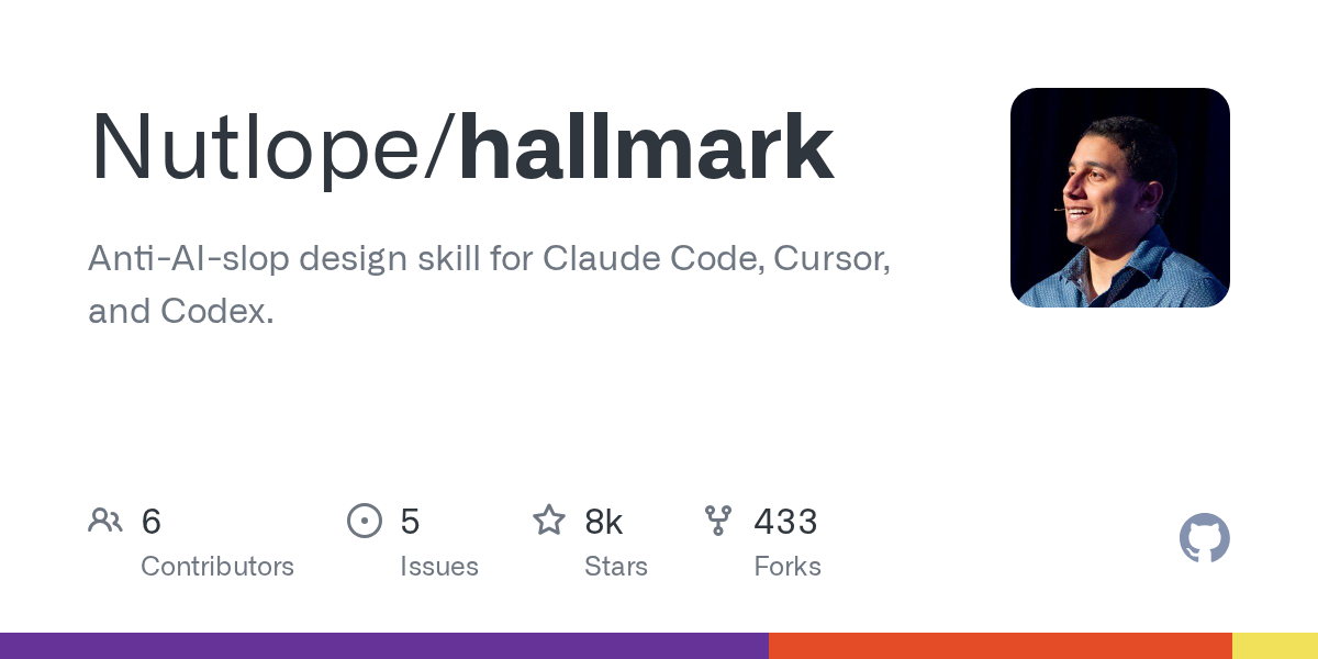 Nutlope/hallmark が GitHub Trending で急浮上、Star Nutlope / hallmark Anti-AI-slop design skill for Claude Code, Cursor, and…